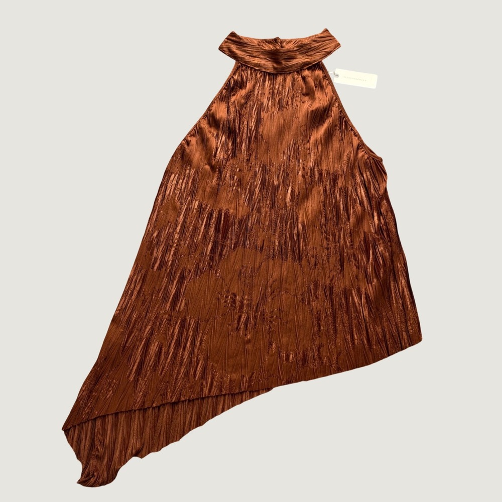 Maeve Anthropologie Halter Top M Pleated Asymmetrical Metallic Brown New
